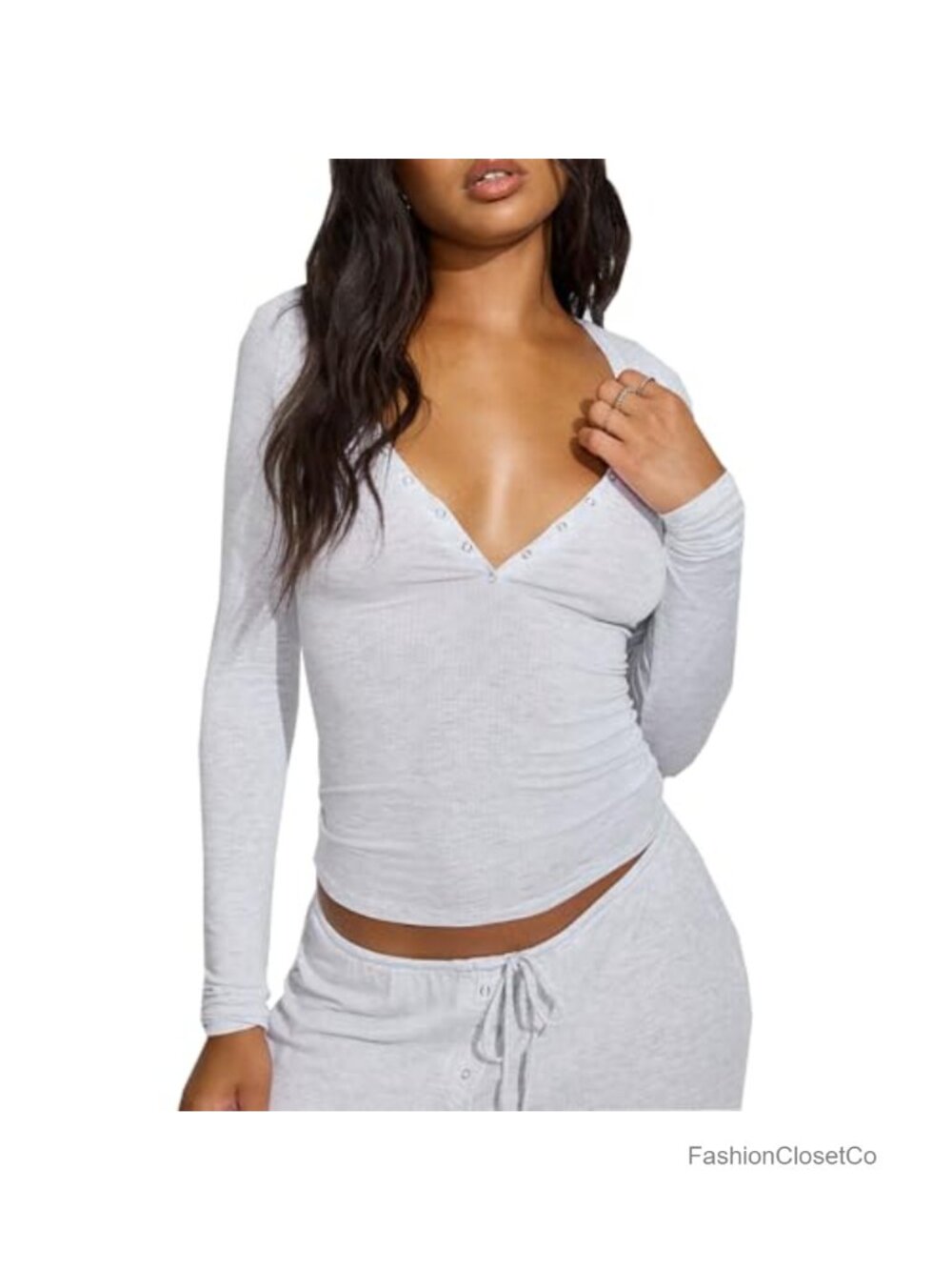 Women's Slim Fit Long Sleeve Henley Top Half Button V-Neck Polyester Blend Tee
